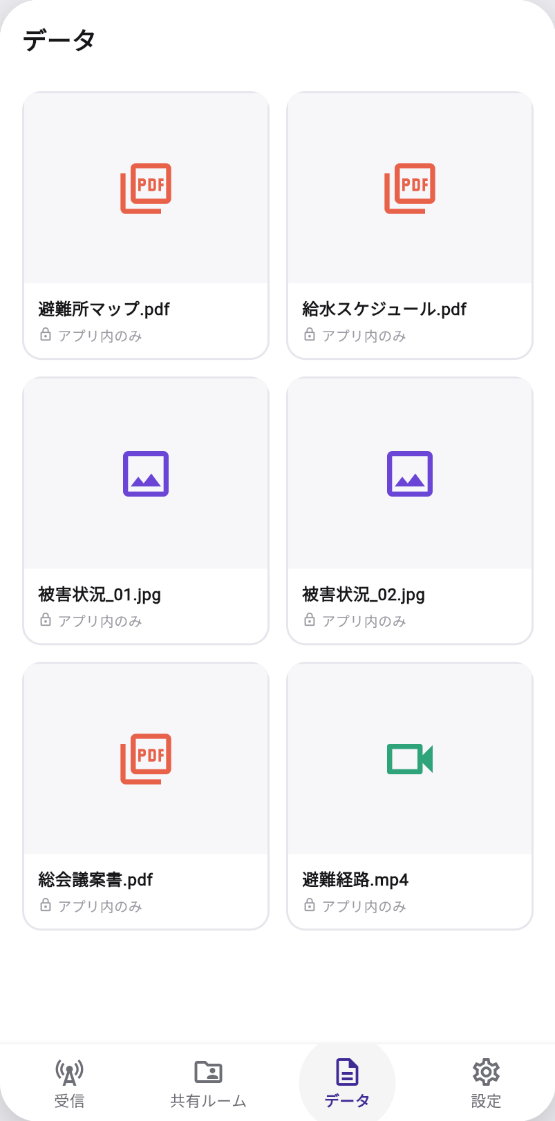 GAZZ のデータ画面。避難所マップ.pdf、給水スケジュール.pdf、被害状況の画像2点、総会議案書.pdf、避難経路.mp4 が並び、すべてに「アプリ内のみ」と表示されている